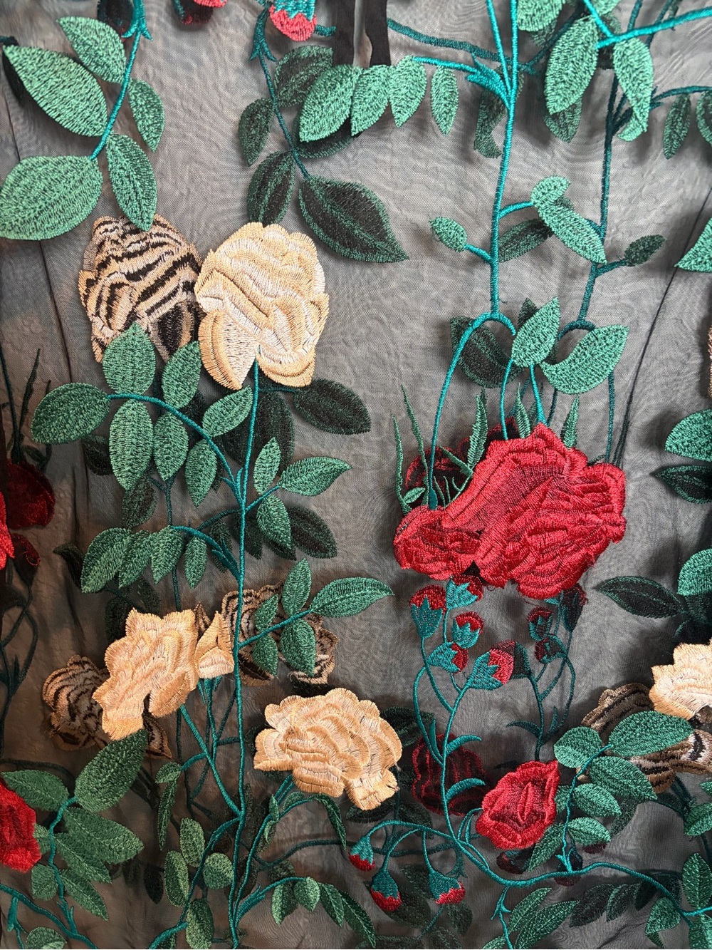 Ultra Pink Embroidered Floral Mesh Long-Sleeve Top Black with Red & Cream Roses - Picture 4 of 6